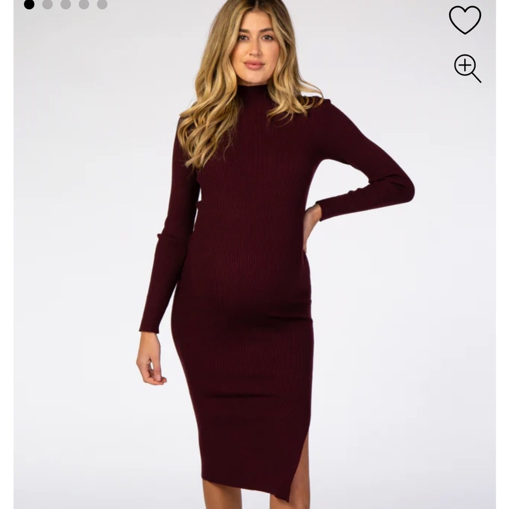 Pinkblush maternity burgundy Ribbed Fitted Mock Neck Long Sleeve Midi Dress